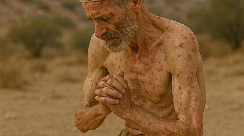 A frail, sickly man with sores kneels in prayer on a barren landscape, his head bowed in deep anguish and humility.