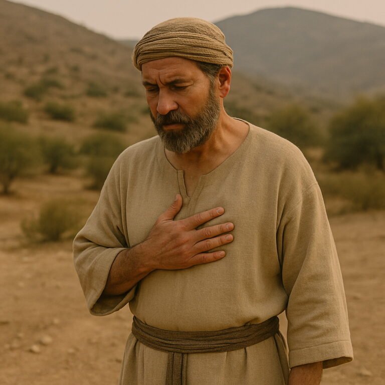 A contemplative man in biblical attire stands in a dry landscape, hand on his chest, reflecting deeply under the warm midday sun.
