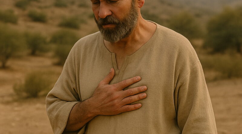 A contemplative man in biblical attire stands in a dry landscape, hand on his chest, reflecting deeply under the warm midday sun.