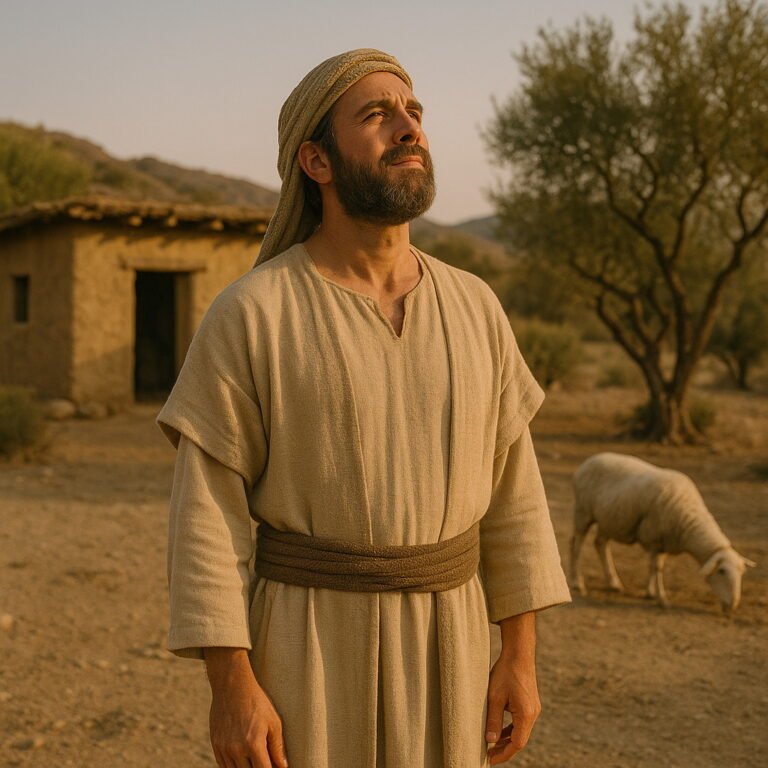 A peaceful man in biblical attire stands outside his simple home, gazing upward with calm faith, as a sheep grazes nearby under an olive tree.