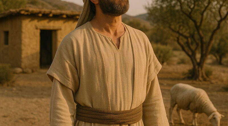 A peaceful man in biblical attire stands outside his simple home, gazing upward with calm faith, as a sheep grazes nearby under an olive tree.