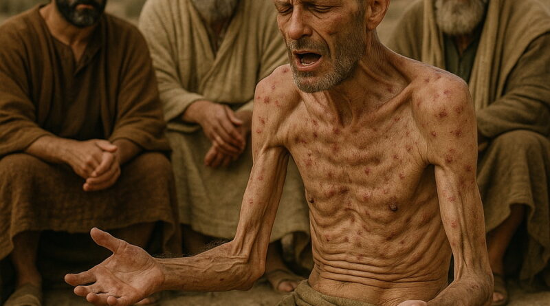 An emaciated man with sores sits on ash-covered ground, lamenting in anguish, while three companions in biblical garments watch him with solemn faces.