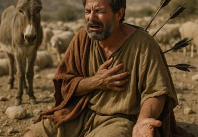 A biblical man kneels on rocky ground, clutching his chest in agony as arrows pierce his back, with a donkey and sheep behind him in a dry desert setting.