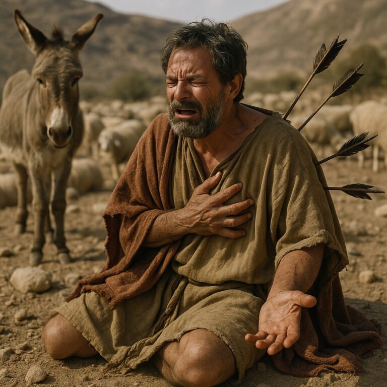 A biblical man kneels on rocky ground, clutching his chest in agony as arrows pierce his back, with a donkey and sheep behind him in a dry desert setting.
