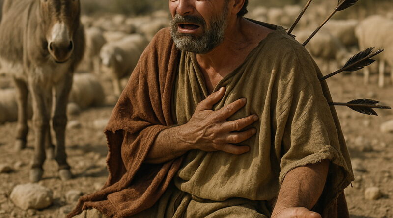 A biblical man kneels on rocky ground, clutching his chest in agony as arrows pierce his back, with a donkey and sheep behind him in a dry desert setting.