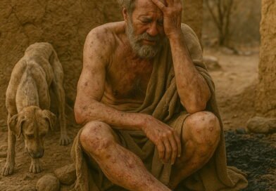 An afflicted man sits in despair, his body covered with sores, beside a frail dog in a barren, desolate setting.