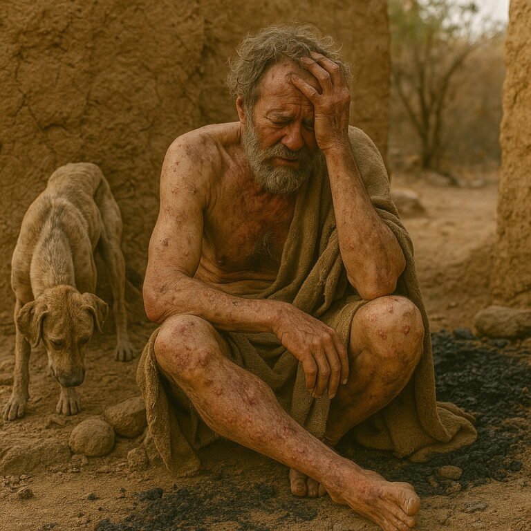 An afflicted man sits in despair, his body covered with sores, beside a frail dog in a barren, desolate setting.