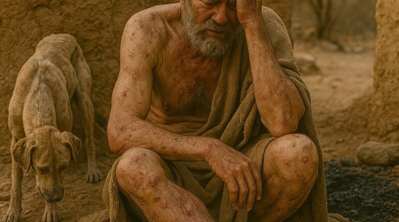 An afflicted man sits in despair, his body covered with sores, beside a frail dog in a barren, desolate setting.
