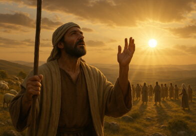 A shepherd in biblical clothing stands on a hillside at sunset, lifting his hand toward the glowing sun as people and sheep fill the valley below.