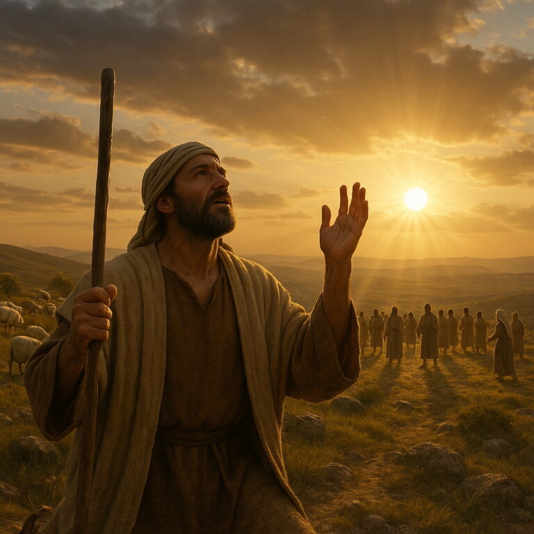 A shepherd in biblical clothing stands on a hillside at sunset, lifting his hand toward the glowing sun as people and sheep fill the valley below.