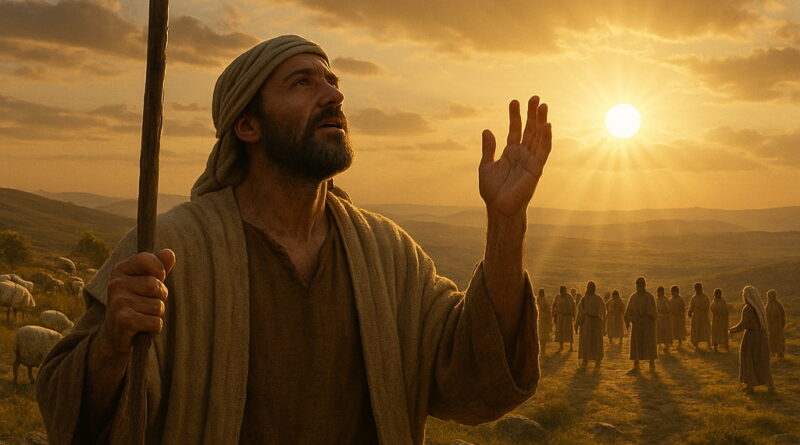 A shepherd in biblical clothing stands on a hillside at sunset, lifting his hand toward the glowing sun as people and sheep fill the valley below.