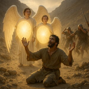 A kneeling man prays as two glowing angels stand behind him with radiant shields, stopping advancing soldiers in fear.