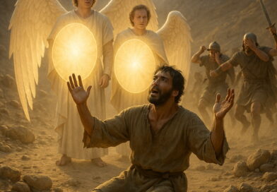A kneeling man prays as two glowing angels stand behind him with radiant shields, stopping advancing soldiers in fear.