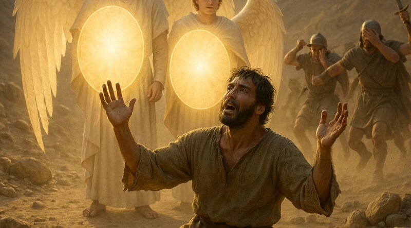 A kneeling man prays as two glowing angels stand behind him with radiant shields, stopping advancing soldiers in fear.