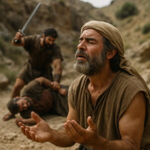 A man in biblical attire prays fervently as a battle unfolds behind him in a rocky desert landscape.