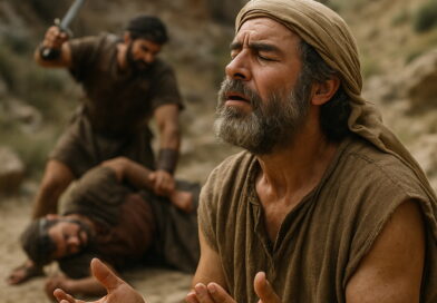 A man in biblical attire prays fervently as a battle unfolds behind him in a rocky desert landscape.