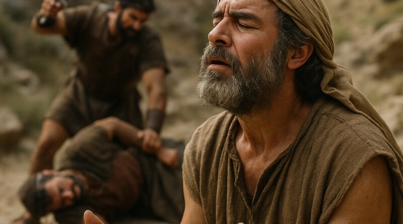 A man in biblical attire prays fervently as a battle unfolds behind him in a rocky desert landscape.