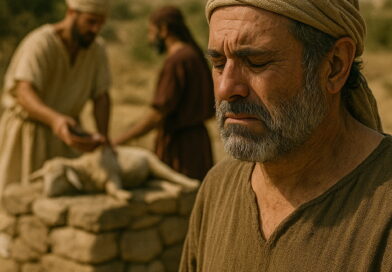 A man in biblical clothing turns away sorrowfully as others make an offering at a stone altar in the background.