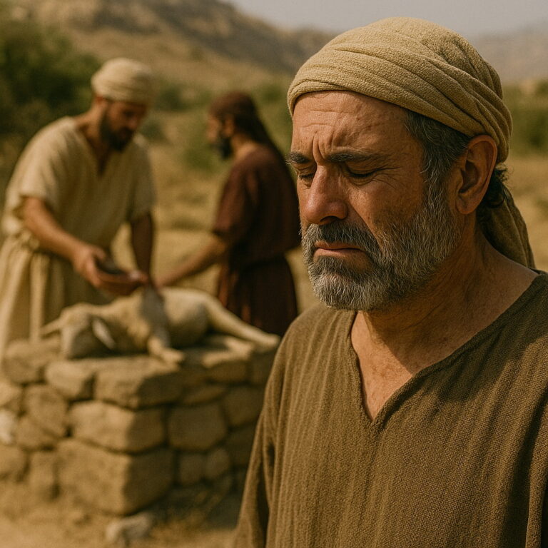 A man in biblical clothing turns away sorrowfully as others make an offering at a stone altar in the background.