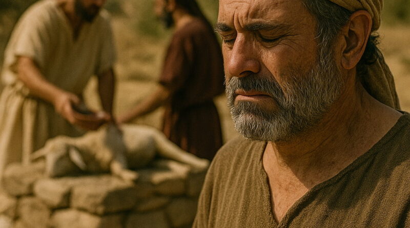 A man in biblical clothing turns away sorrowfully as others make an offering at a stone altar in the background.