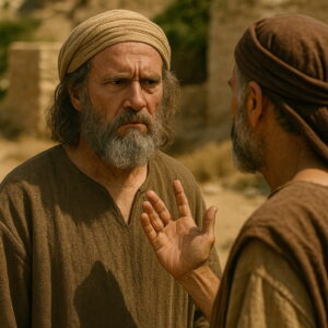 Two men in biblical garments stand outdoors in serious conversation under warm sunlight.