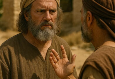 Two men in biblical garments stand outdoors in serious conversation under warm sunlight.