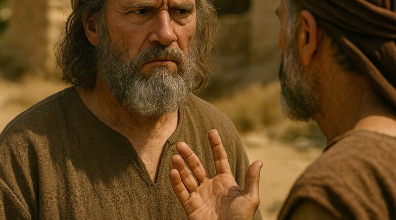 Two men in biblical garments stand outdoors in serious conversation under warm sunlight.