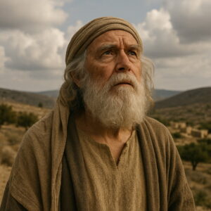 An elderly man in biblical attire gazes toward the heavens in contemplation under a cloudy desert sky.