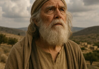 An elderly man in biblical attire gazes toward the heavens in contemplation under a cloudy desert sky.