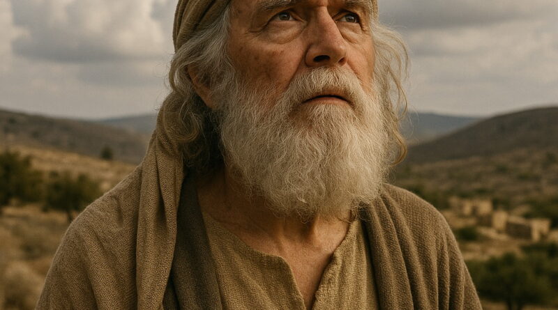 An elderly man in biblical attire gazes toward the heavens in contemplation under a cloudy desert sky.
