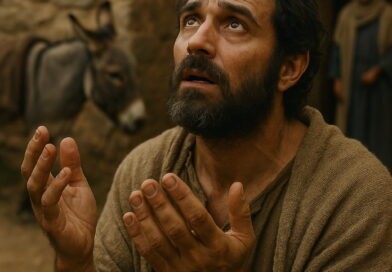 A bearded man in biblical clothing prays with uplifted hands, looking toward heaven with tearful eyes.