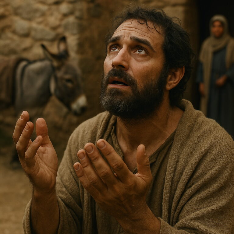 A bearded man in biblical clothing prays with uplifted hands, looking toward heaven with tearful eyes.
