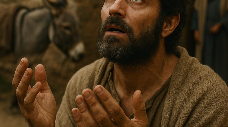 A bearded man in biblical clothing prays with uplifted hands, looking toward heaven with tearful eyes.