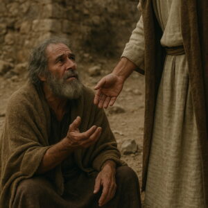 An elderly man in biblical robes reaches out in desperation as another extends a compassionate hand toward him.