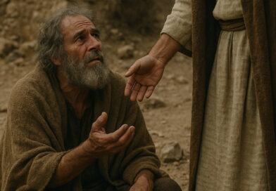 An elderly man in biblical robes reaches out in desperation as another extends a compassionate hand toward him.