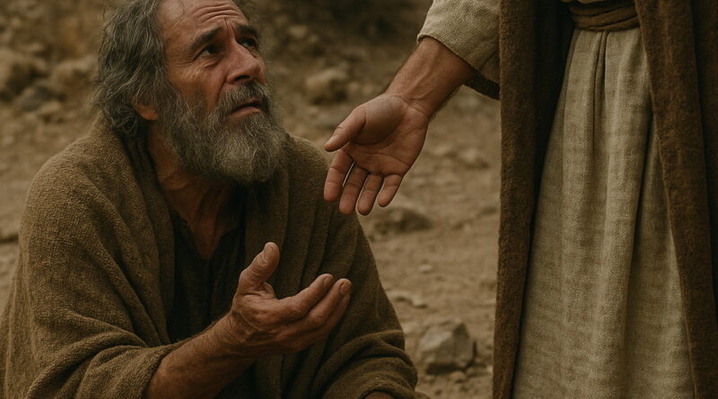 An elderly man in biblical robes reaches out in desperation as another extends a compassionate hand toward him.