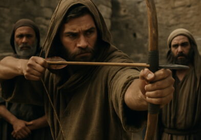 A hooded man in biblical clothing draws his bow with intense focus, preparing to shoot an arrow in a dim, ancient setting.