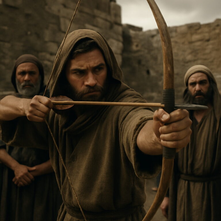 A hooded man in biblical clothing draws his bow with intense focus, preparing to shoot an arrow in a dim, ancient setting.