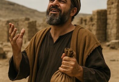 A man in biblical clothing smirks proudly, clutching a money pouch in one hand amid ancient stone ruins under a muted sky.