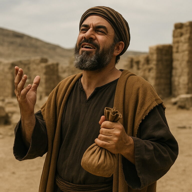 A man in biblical clothing smirks proudly, clutching a money pouch in one hand amid ancient stone ruins under a muted sky.