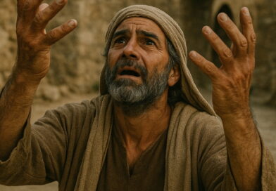 A man in biblical robes raises his hands toward heaven, pleading with deep emotion amid ancient stone ruins.