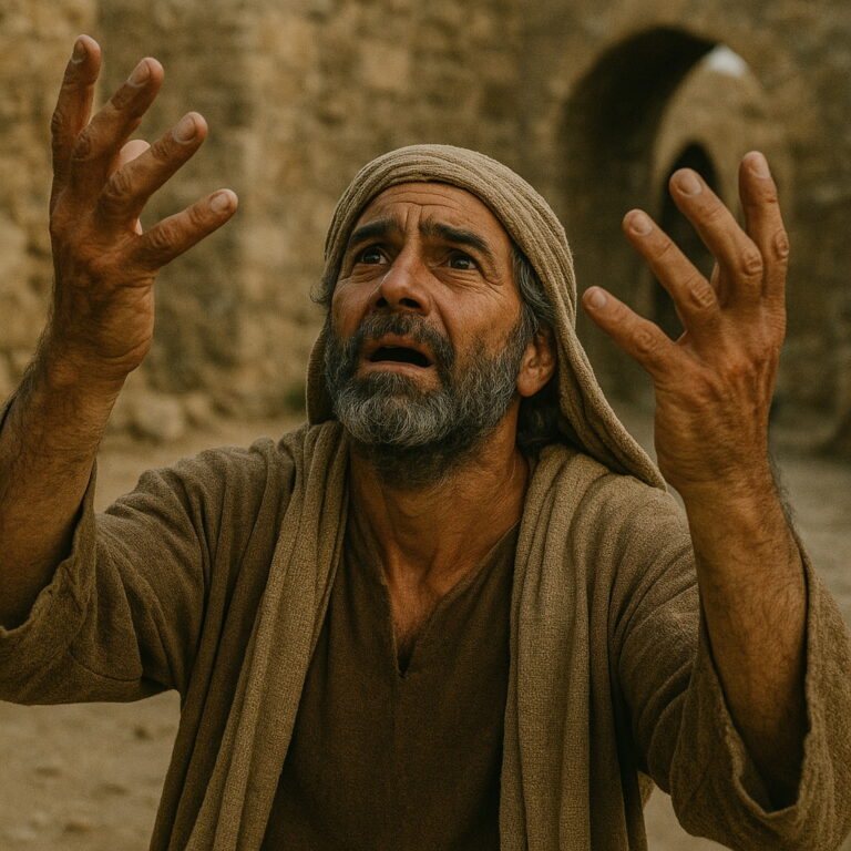 A man in biblical robes raises his hands toward heaven, pleading with deep emotion amid ancient stone ruins.