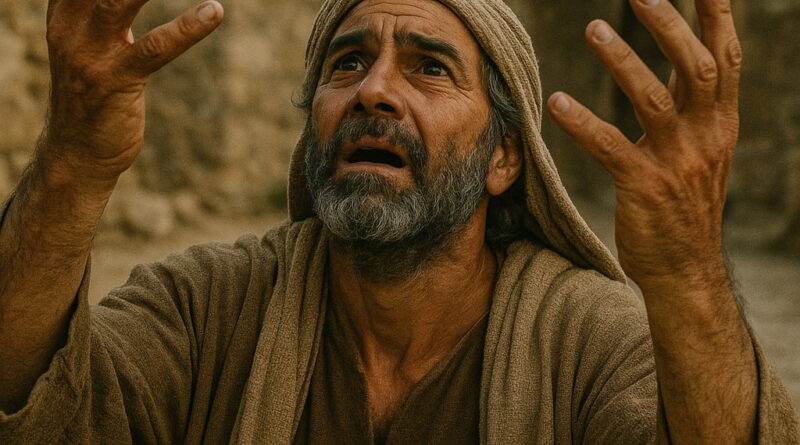 A man in biblical robes raises his hands toward heaven, pleading with deep emotion amid ancient stone ruins.