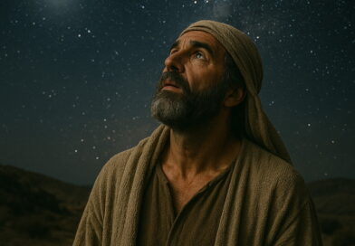 A man in biblical robes gazes upward at the moon and stars, standing beneath a vast, starlit desert sky.