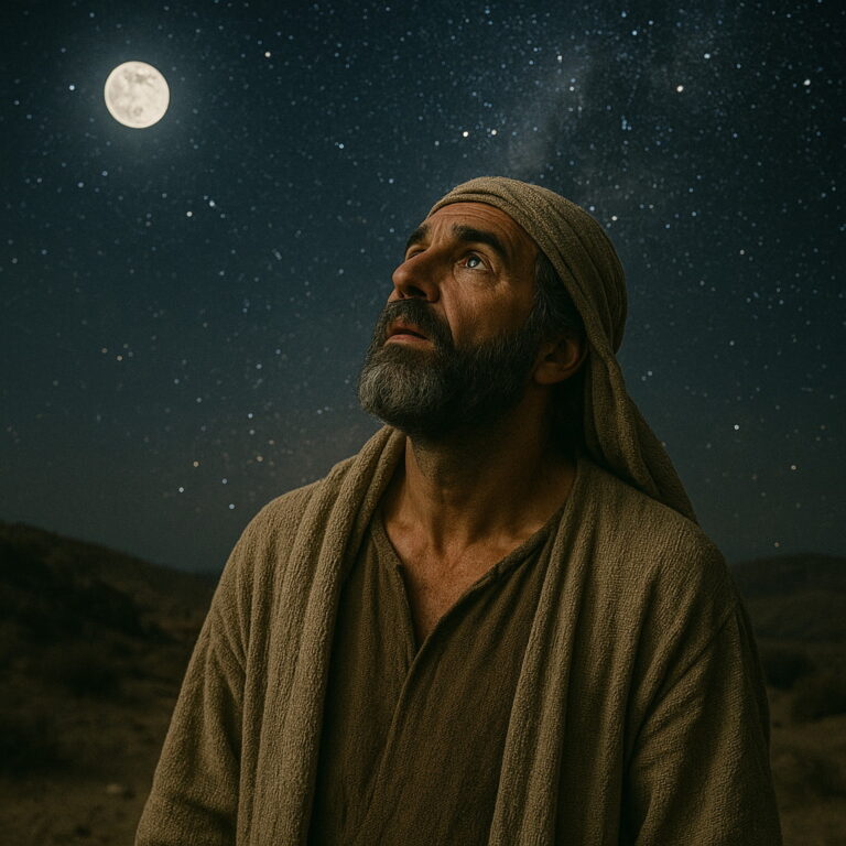 A man in biblical robes gazes upward at the moon and stars, standing beneath a vast, starlit desert sky.