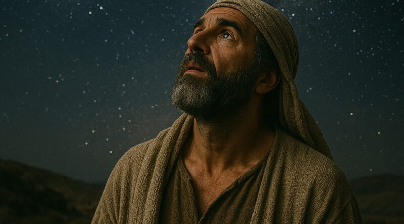 A man in biblical robes gazes upward at the moon and stars, standing beneath a vast, starlit desert sky.