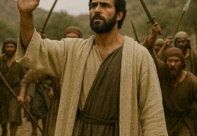 A man in biblical clothing raises his hand toward advancing enemies in a desert landscape, standing firm in faith and courage.