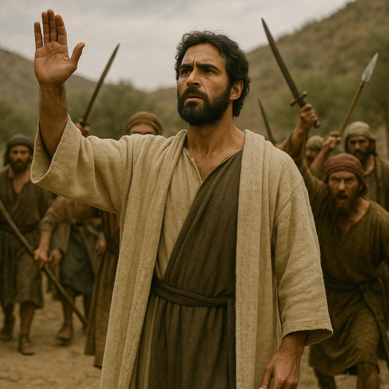 A man in biblical clothing raises his hand toward advancing enemies in a desert landscape, standing firm in faith and courage.