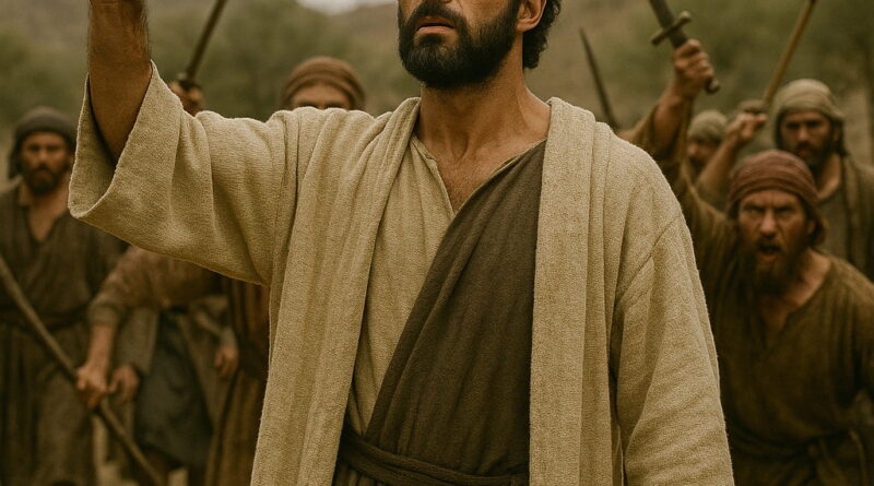 A man in biblical clothing raises his hand toward advancing enemies in a desert landscape, standing firm in faith and courage.