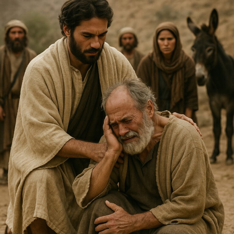 An elderly man kneels on the ground in anguish as a younger man comforts him, surrounded by onlookers in a biblical desert setting.